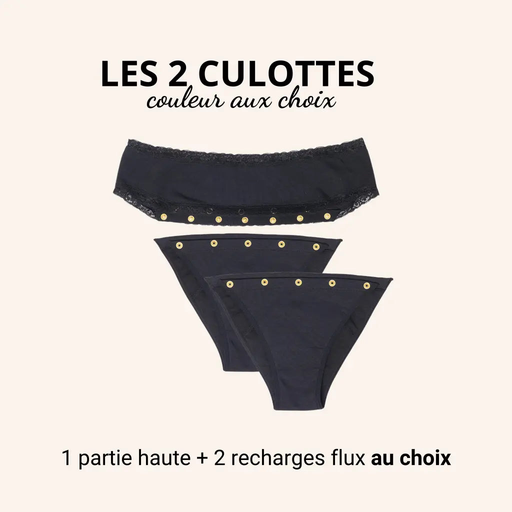 Lot de 2 culottes menstruelles My Joy avec recharges lavables et détachables, idéales pour flux moyen à abondant. Confort et praticité garantis.