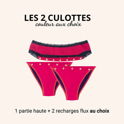 Lot de 2 culottes menstruelles pour flux moyen à abondant. Système innovant de recharges lavables et détachables pour un usage simplifié
